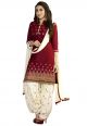 BanoRani Maroon & Cream Color Cotton Embroidered UnStitched Dress Material (Patiyala)